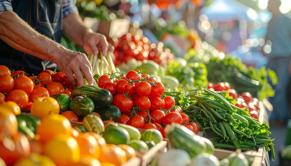 Someone buying vegetables at the Fredericksburg Farmers Market